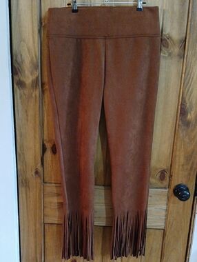 Slim Factor By Investments Faux Suede Boot Leg Fringe Pants - Medium